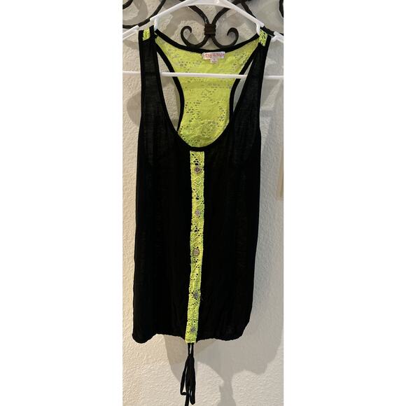 Day & Night Women’s Size S Black/Neon Yellow Lace Embellished Tank Top - Picture 1 of 7